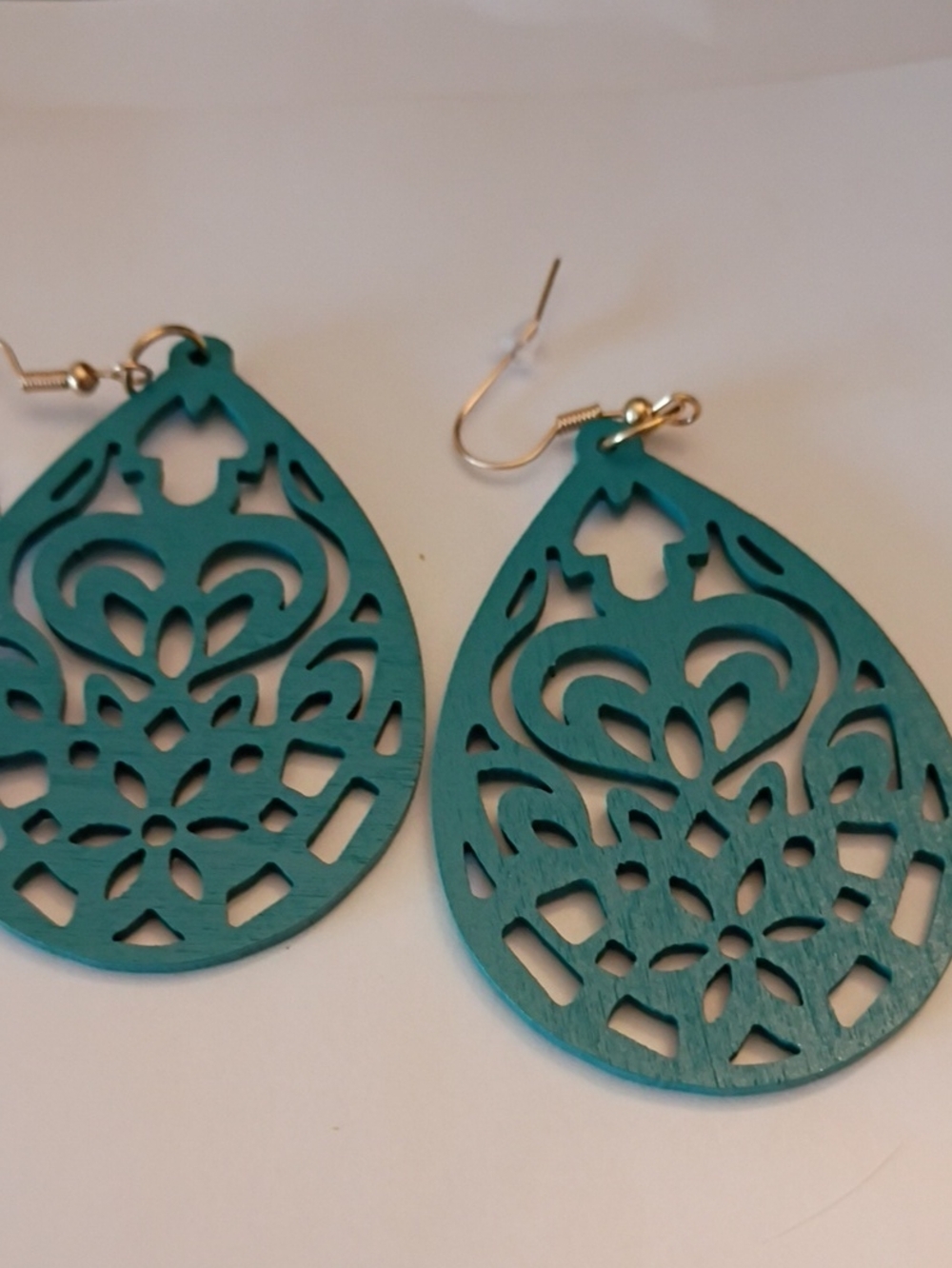 Sale Teardrop Filigree Wood Earrings - Teal